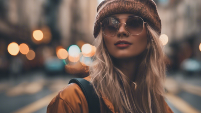 Jeune femme avec un bonnet et des lunettes de soleil au crépuscule dans une ville
